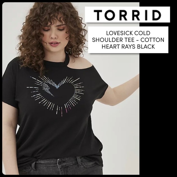 Torrid LOVESICK Black Cold Shoulder Heart Rays Tee NWT Size 3X - Picture 1 of 17